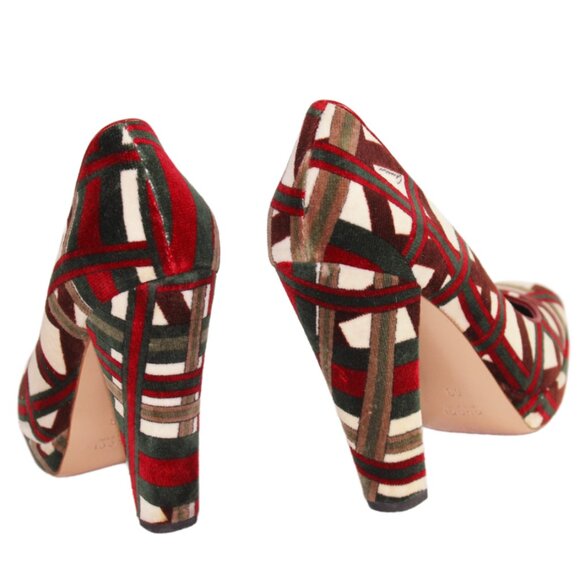 Gucci Velvet Geometric Cream Maroon Green Signed Platform Pumps, Size 6 - Picture 8 of 13